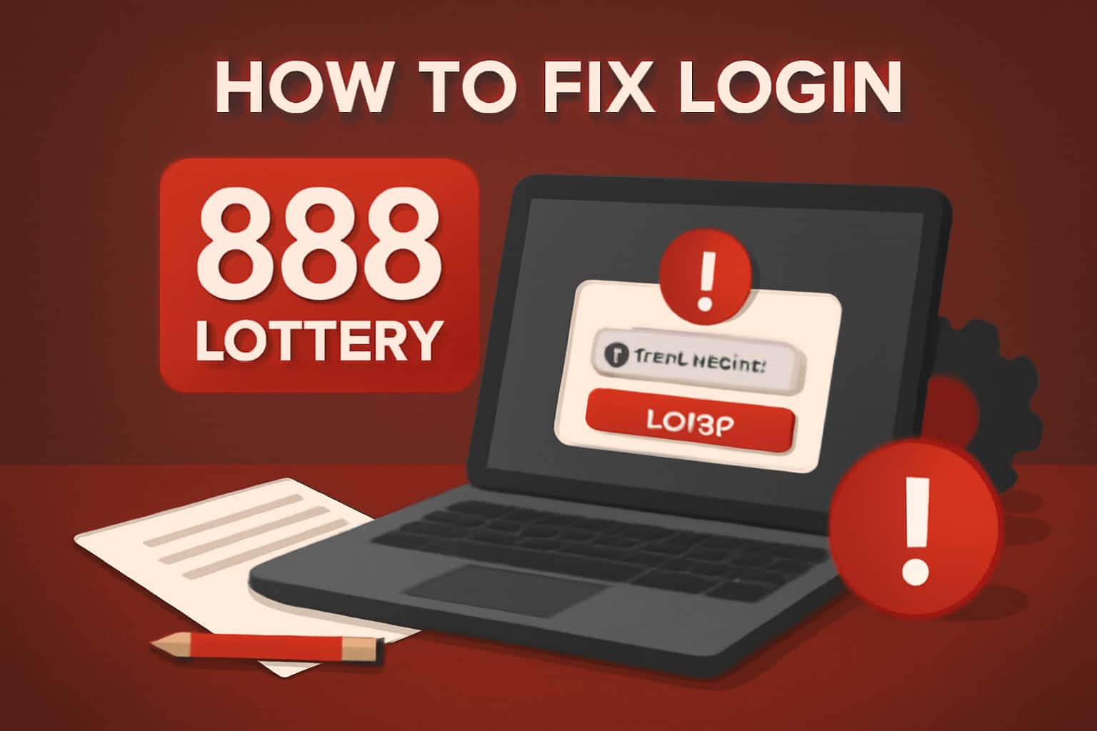 An informative visual illustrating login troubleshooting for 888 Lottery.